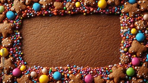 A border of gingerbread cookies with colorful icing and candy sprinkles, framing a central blank area, warm festive tones, soft shadows, hd quality, holiday cheer. --ar 16:9