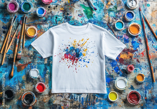 A hand-painted cartoon design on a white t-shirt, with paint splashes and colorful watercolor paints around the shirt, lying in an art studio with various painting tools photo