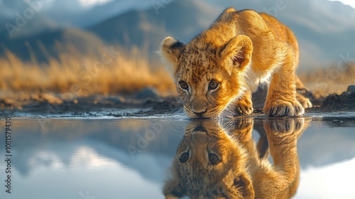 A young lion cub drinks from a puddle, its reflection mirroring its inquisitive gaze. photo