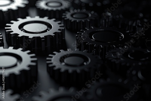 Black and white background with gears in the foreground, with copy space on a black background. serves as a background for business or mechanical design