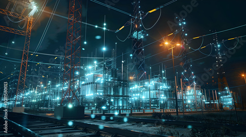 Night View of an Electrical Power Substation with Glowing Wires - 3D Illustration