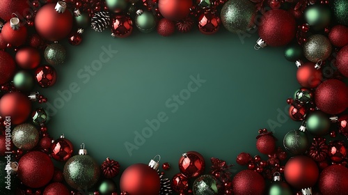 A classic Christmas border of shiny red and green ornaments, framing a blank copy space in the center, glossy reflections, soft shadows, high detail, hd quality. --ar 16:9