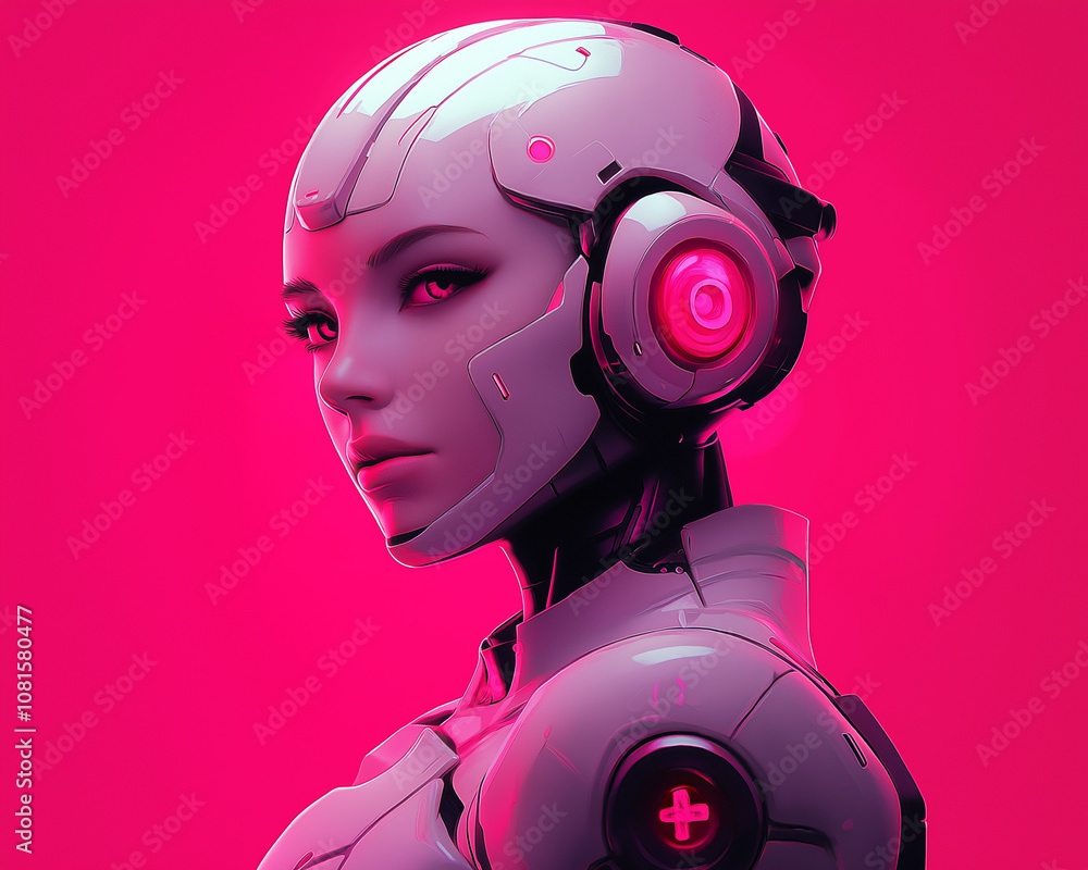 Winsome Neo-Futuristic Robot Researcher on a Fuchsia Background Winsome Neo-Futuristic Robot Researcher on a Fuchsia Background