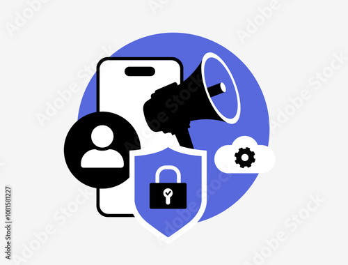 Privacy-first marketing illustration with lock icon, targeted ads and mobile phone, symbolizing consent-based ad strategies that prioritize user privacy by reducing data tracking, enhancing security