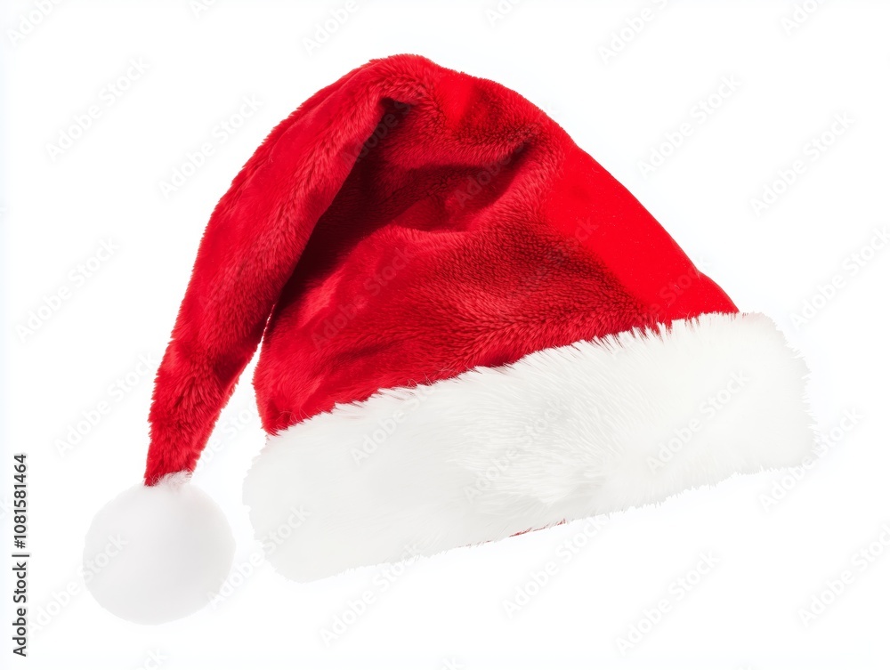 Festive Red Santa Hat with White Trim, Perfect for Holiday Cheer and Christmas Celebrations, Isolated on a Clean White Background Festive Red Santa Hat with White Trim, Perfect for Holiday Cheer and Christmas Celebrations, Isolated on a Clean White Background