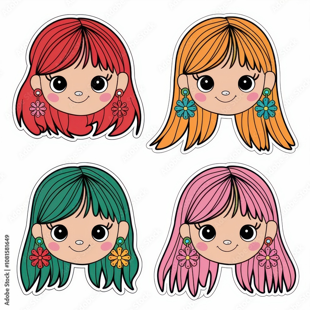 Cute cartoon girls with colorful hairstyles and flower earrings
Cute cartoon girls with colorful hairstyles and flower earrings