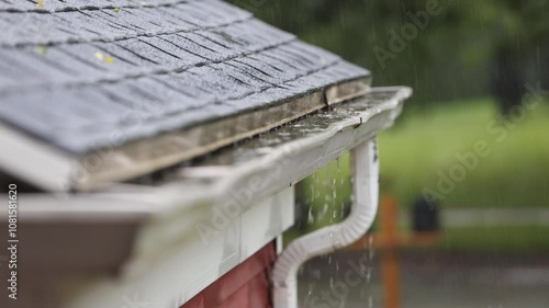 Water draining down into clogged gutter during a rain storm 