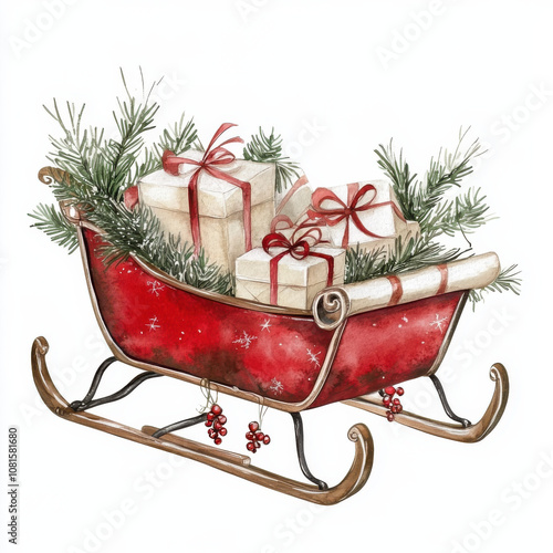 festive red sleigh filled with wrapped gifts and pine branches, perfect for holiday season