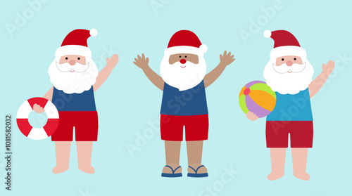 Set of Beach Christmas Santa Flat vector.
Beach summer Santa Claus svg.
Normal skin tone and dark skin tone.