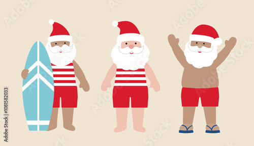 Set of Beach Christmas Santa Flat vector.
Beach summer Santa Claus svg.
Normal skin tone and dark skin tone.