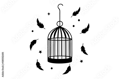 Whimsical Fantasy Bird Cage with Floating Feathers and Stars