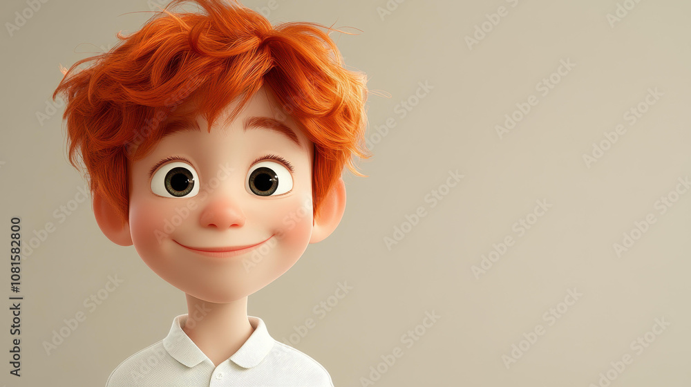A cheerful cartoon boy with ginger hair expressing youthful joy in a vibrant 3D illustration against a light backdrop. A cheerful cartoon boy with ginger hair expressing youthful joy in a vibrant 3D illustration against a light backdrop.