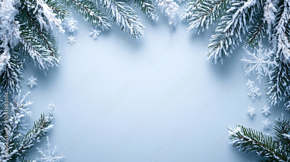 A frosty Christmas border with icicles, snowflakes, and a subtle snow-covered pine branch frame around a blank central area, cool winter tones, soft highlights, hd quality. --ar 16:9 A frosty Christmas border with icicles, snowflakes, and a subtle snow-covered pine branch frame around a blank central area, cool winter tones, soft highlights, hd quality. --ar 16:9