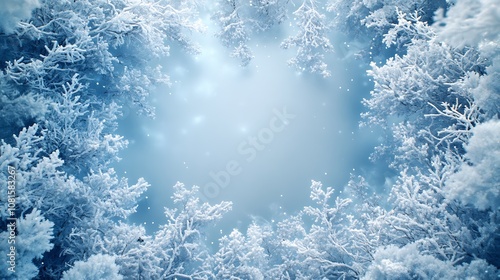 A frosty winter border of snow-covered branches and sparkling icicles, forming a chilly frame around a blank white central area, soft blue tones, delicate snowflakes, hd quality,