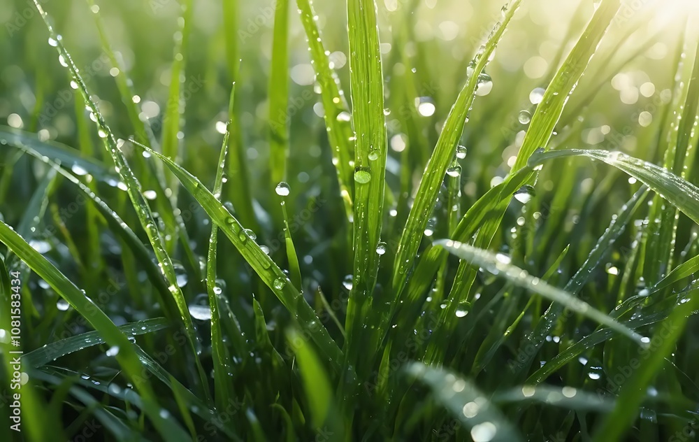 Fresh Dewy Grass with Water Droplets in Morning Light Fresh Dewy Grass with Water Droplets in Morning Light