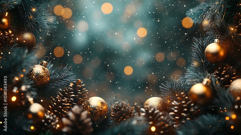 A lush Christmas garland border decorated with golden baubles, pinecones, and sparkling lights, framing a central blank area, soft winter lighting, hd quality, high detail. --ar 16:9 A lush Christmas garland border decorated with golden baubles, pinecones, and sparkling lights, framing a central blank area, soft winter lighting, hd quality, high detail. --ar 16:9