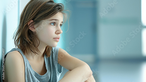 Free Download A young person sits alone in a quiet hospital corridor, lost in thought and wrapped in sadness. - GFXLoad