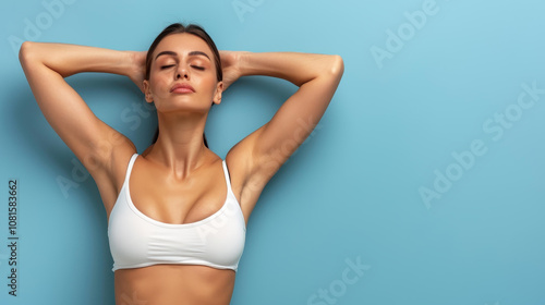 Confident woman embracing selflove poses beautifully against a calming blue backdrop, radiating empowerment and joy.