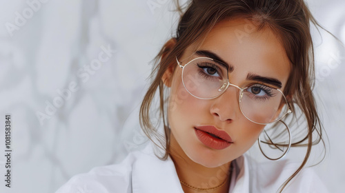 A focused young woman agent takes notes in her office, showcasing her commitment to staying organized and productive. photo