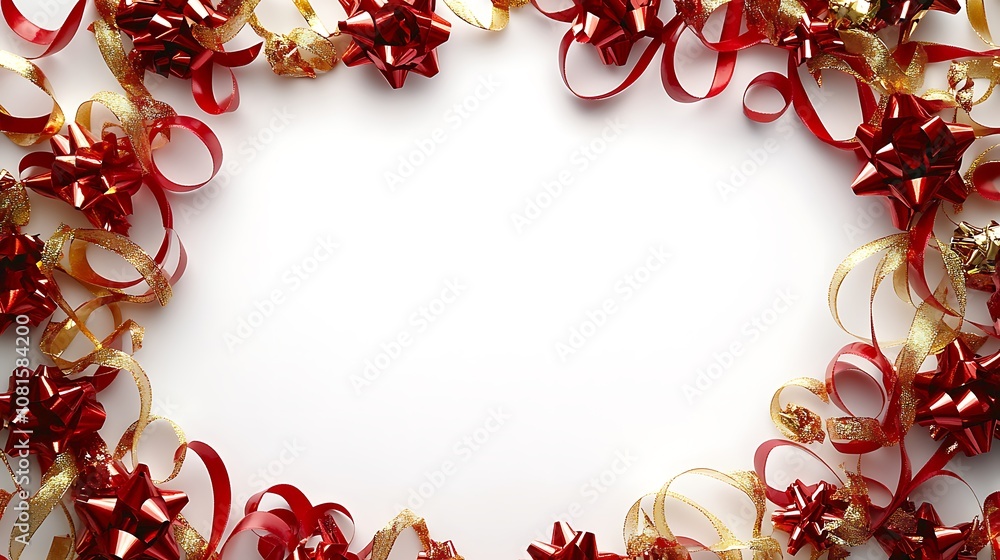 A luxurious frame of shiny red and gold gift wrap ribbons, with delicate loops and bows, surrounding a white central area, soft lighting, hd quality, high detail. --ar 16:9 A luxurious frame of shiny red and gold gift wrap ribbons, with delicate loops and bows, surrounding a white central area, soft lighting, hd quality, high detail. --ar 16:9