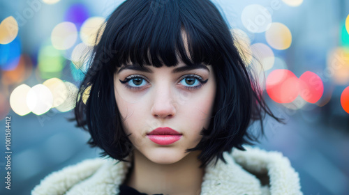 A young woman in a chic coat smiles confidently at the camera while standing on a vibrant city street.