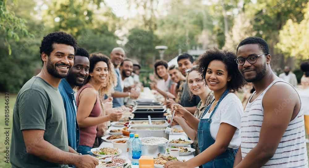 Fototapeta premium A community event with people from diverse backgrounds enjoying a meal together at a long table outdoors