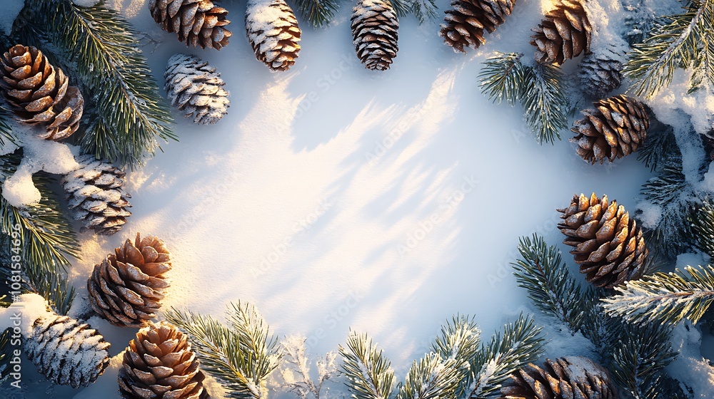 Naklejka premium A rustic border of natural pine cones and green evergreen branches, forming a frame around a blank white central area, soft shadows, realistic textures, hd quality, serene winter ambiance. --ar 16:9