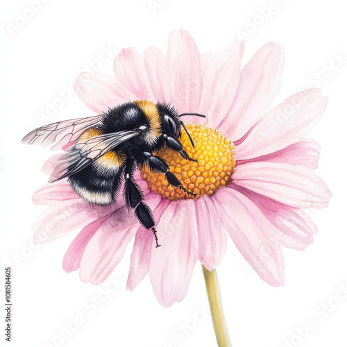 detailed illustration of bumblebee on pink flower, showcasing nature beauty and importance of pollinators. vibrant colors highlight bee fuzzy texture and flower delicate petals