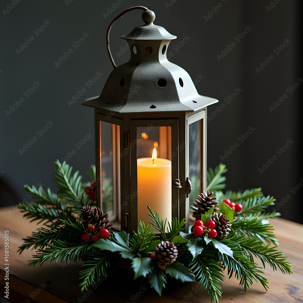 Cozy lantern surrounded by pine cones and berries on a wooden table in soft light, photography of still life concept. Cozy lantern surrounded by pine cones and berries on a wooden table in soft light, photography of still life concept.