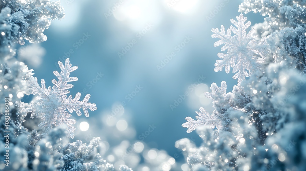 A sparkling frame of shimmering white and silver snowflakes, creating a frosty border around a blank central area, soft reflections, icy textures, hd quality, elegant winter theme. --ar 16:9