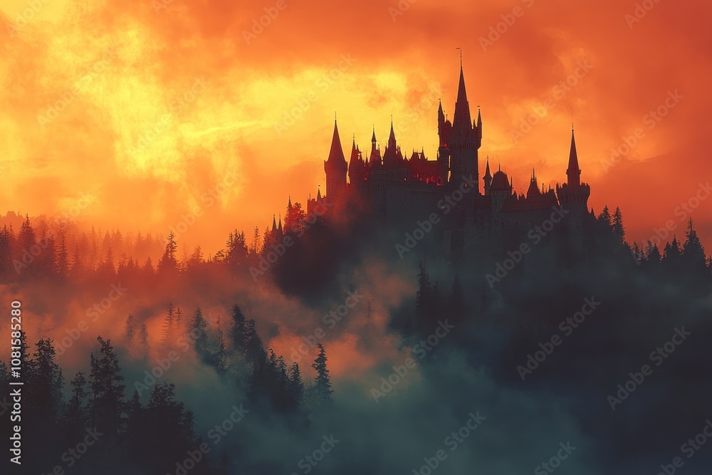 A majestic castle silhouette stands atop a misty hill against a fiery sunset sky. A majestic castle silhouette stands atop a misty hill against a fiery sunset sky.