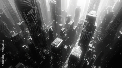 A black and white aerial view of a city skyline, with tall buildings and a hazy atmosphere.