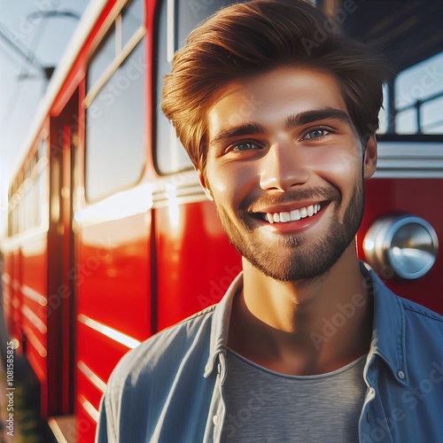 A bright smile spreads across the face of a young white man appr photo