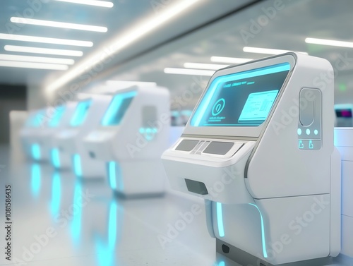 3D render of futuristic airport checkin kiosks