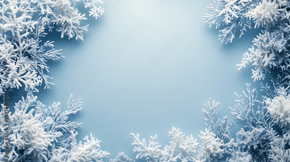 Beautiful white and silver snowflakes creating a frosty border, surrounding a blank white copy area, soft blue hues, delicate textures, hd quality, serene winter ambiance. --ar 16:9 Beautiful white and silver snowflakes creating a frosty border, surrounding a blank white copy area, soft blue hues, delicate textures, hd quality, serene winter ambiance. --ar 16:9