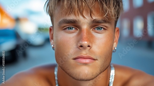 A shirtless young man with blue eyes and a silver necklace