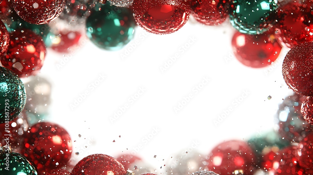 Christmas baubles in red and green with glitter and shiny surfaces, forming a decorative edge around a white central space, soft festive lighting, hd quality, vibrant colors. --ar 16:9 Christmas baubles in red and green with glitter and shiny surfaces, forming a decorative edge around a white central space, soft festive lighting, hd quality, vibrant colors. --ar 16:9