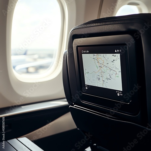 Airplane seatback with digital screen showing flight map photo