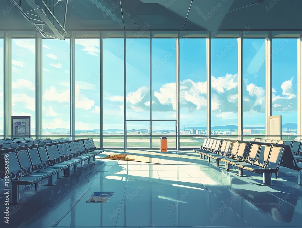 Obraz premium Airport departure area with rows of chairs and large windows