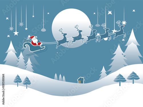 
make a description on this [icture
The image shows a festive winter scene with Santa Claus riding in his sleigh, pulled by six reindeer, against a snowy landscape. A small house with lit windows, pin