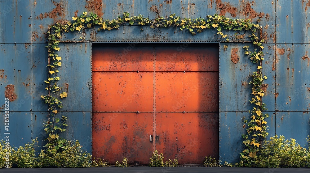 Naklejka premium A rusted blue door framed by vibrant green vines and plants, showcasing nature's resilience.