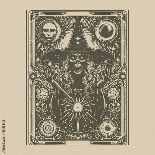 hand-illustrated witch tarot card