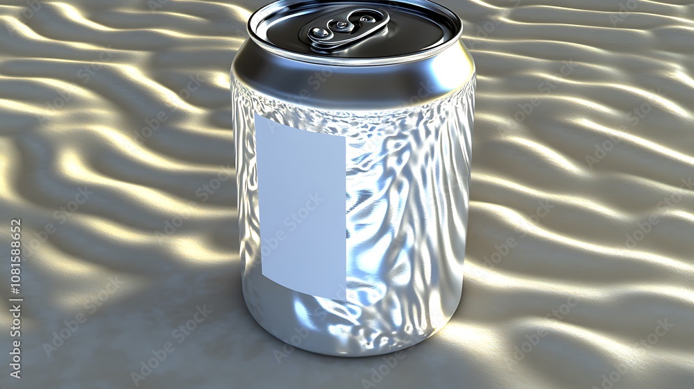 A silver aluminum can with a blank white label, standing on a sandy surface. A silver aluminum can with a blank white label, standing on a sandy surface.