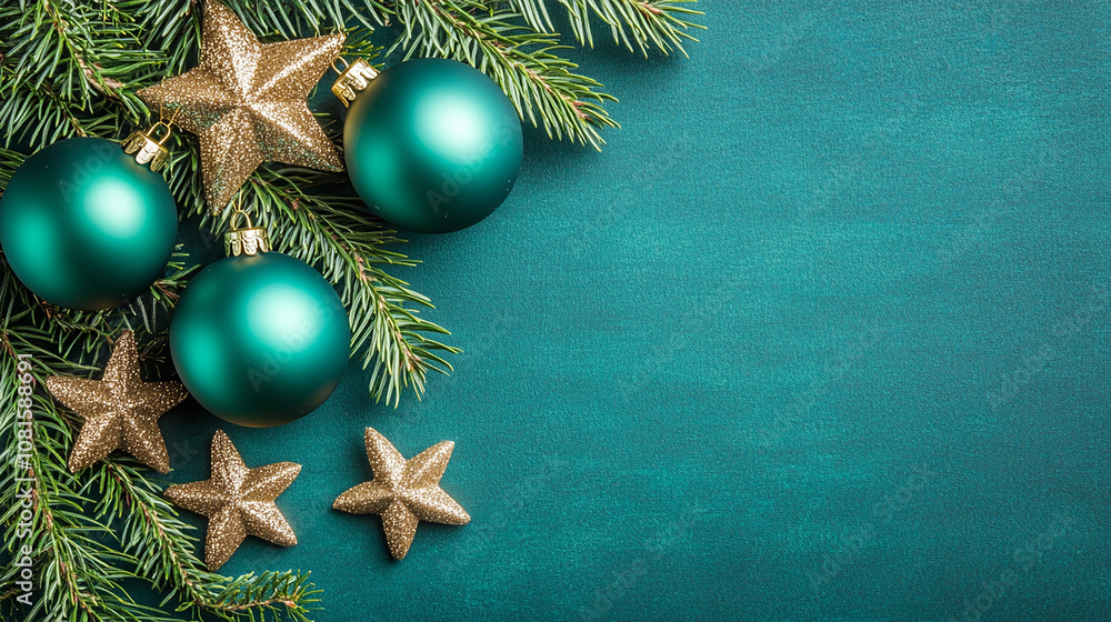 Christmas ornaments and fir branches on a green background, with copy space. Christmas ornaments and fir branches on a green background, with copy space.