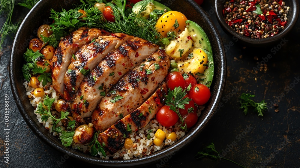 Delicious grilled chicken with fresh vegetables and herbs served over rice. Delicious grilled chicken with fresh vegetables and herbs served over rice.