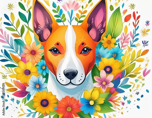 Basenji head against colorful flower background photo