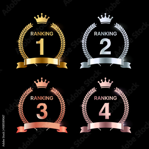 Gold, Silver, Bronze and Rose Gold Crown Laurel Vector Medals Set. Ranking 1, 2, 3, 4 Emblems on White Background.