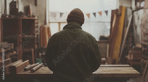 A lone craftsman standing in a cluttered workshop, looking out a window