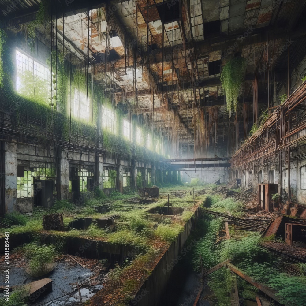 Abandoned Factory Overgrown with plants showing decay and nature Abandoned Factory Overgrown with plants showing decay and nature