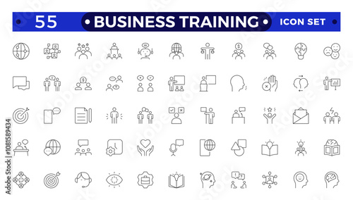 Business training line icons collection. Workshop, lecture, education icons. UI icon set. Interpersonal skill, confidence, problem solving, communication outline icon.